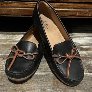 Clarks Black Loafers with Brown Bow